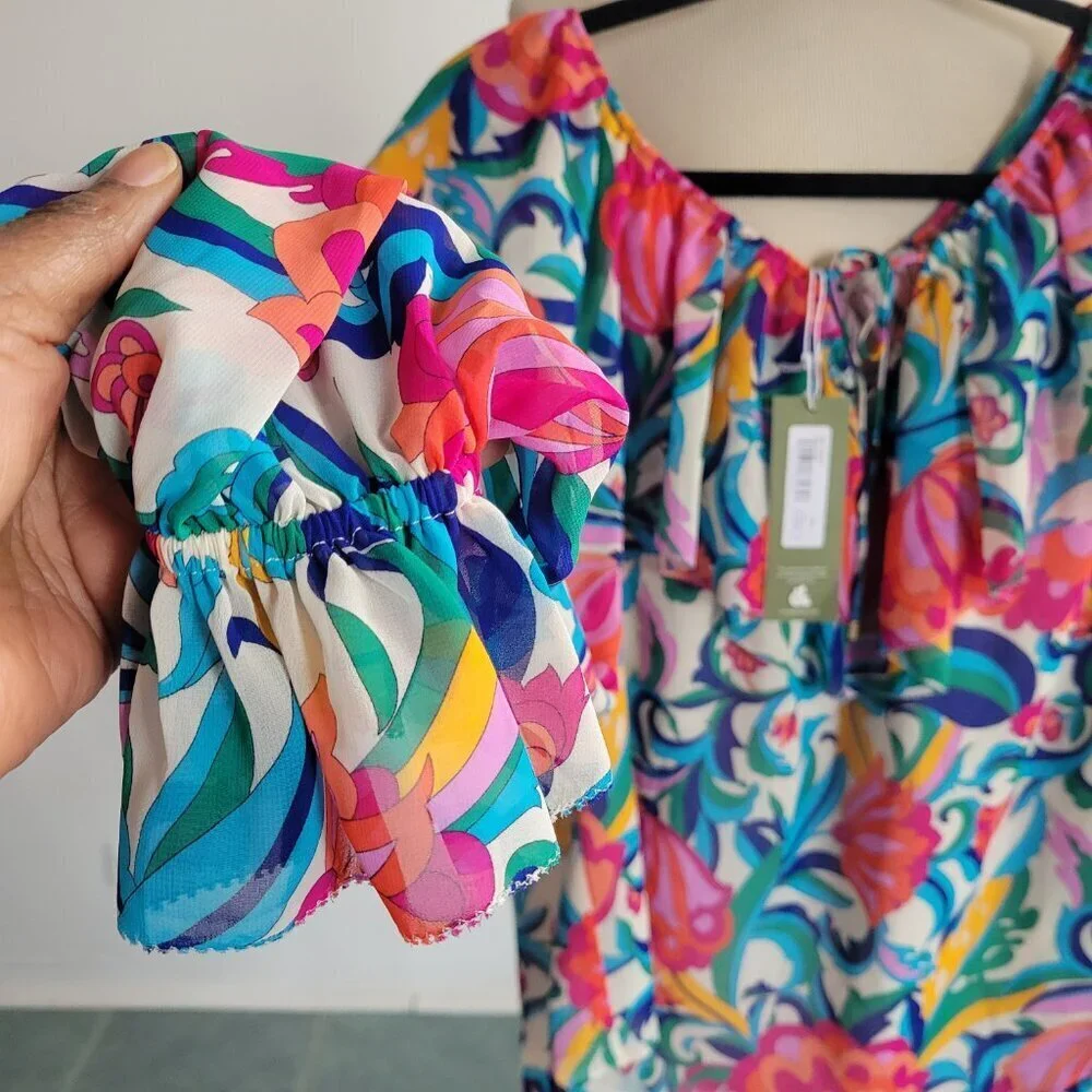 Trina Turk Tanvi Anila Floral Balloon Sleeve Blouse (Size: Medium)
